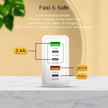 120W 5 in 1 2 USB 3 Type C Quick Charging Fast Wall Charger For iPhone Samsung Xiaomi Huawei Oppo Mobile Phone Adapter - Emart
