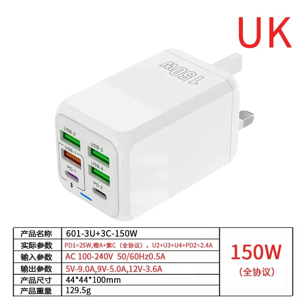 150W 6 Ports Pd QC 4.0 Usb C Fast Charger Wall Adapter Super Fast Charging For Iphone Samsung Ipad Xiaomi Huawei Oneplus Oppo - Emart