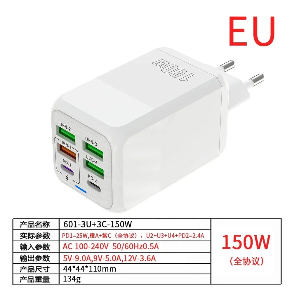 150W 6 Ports Pd QC 4.0 Usb C Fast Charger Wall Adapter Super Fast Charging For Iphone Samsung Ipad Xiaomi Huawei Oneplus Oppo - Emart