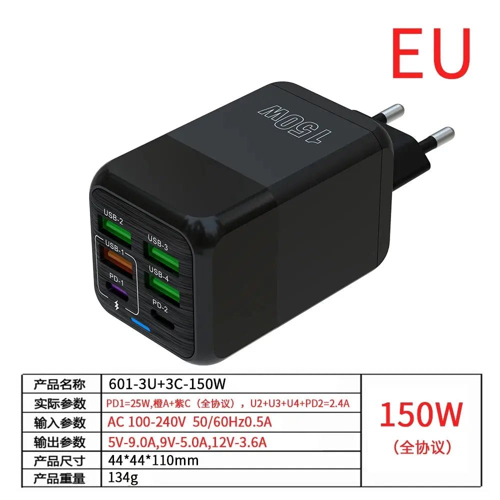 150W 6 Ports Pd QC 4.0 Usb C Fast Charger Wall Adapter Super Fast Charging For Iphone Samsung Ipad Xiaomi Huawei Oneplus Oppo - Emart