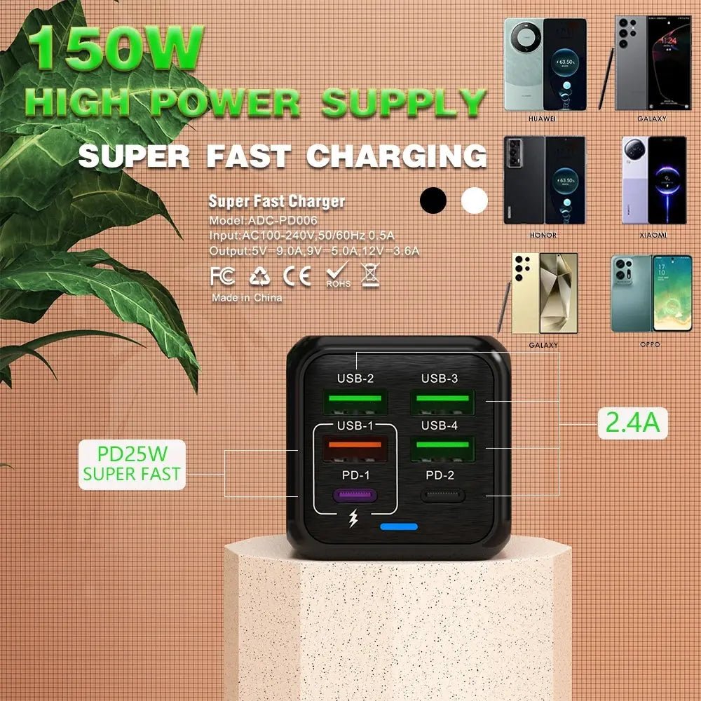 150W 6 Ports Pd QC 4.0 Usb C Fast Charger Wall Adapter Super Fast Charging For Iphone Samsung Ipad Xiaomi Huawei Oneplus Oppo - Emart