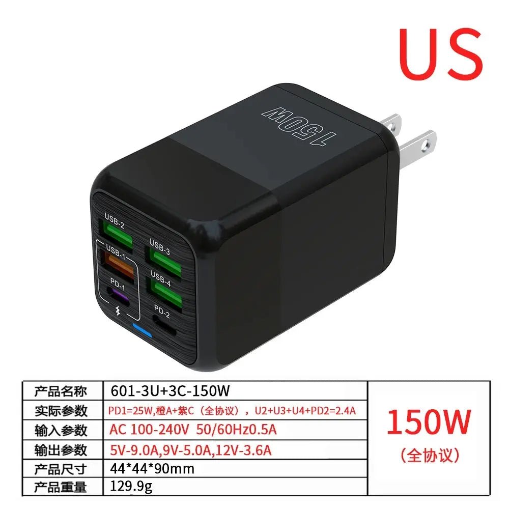 150W 6 Ports Pd QC 4.0 Usb C Fast Charger Wall Adapter Super Fast Charging For Iphone Samsung Ipad Xiaomi Huawei Oneplus Oppo - Emart