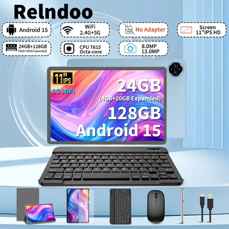 2025 Relndoo 11 Inch Android 15 Tablet , 24GB(4+20 Expanded) RAM+128GB ROM, IPS HD Screen, 5G WiFi, T615 Processor, GPS, Type C - Emart