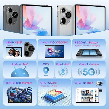 2025 Tablet pad 7 ultra Android 14.0 Brand New 11.0 inch 16GB RAM 1024GB ROM Tablets 48MP 8800mAh 10Core WIFI Bluetooth Network - Emart