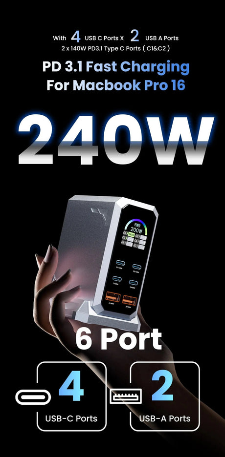 240W GaN Charger PD3.1 140W USB Type C 6 Ports PPS PD Desktop Fast Charging Station for MacBook Laptops Tablet iPhone Samsung - Emart