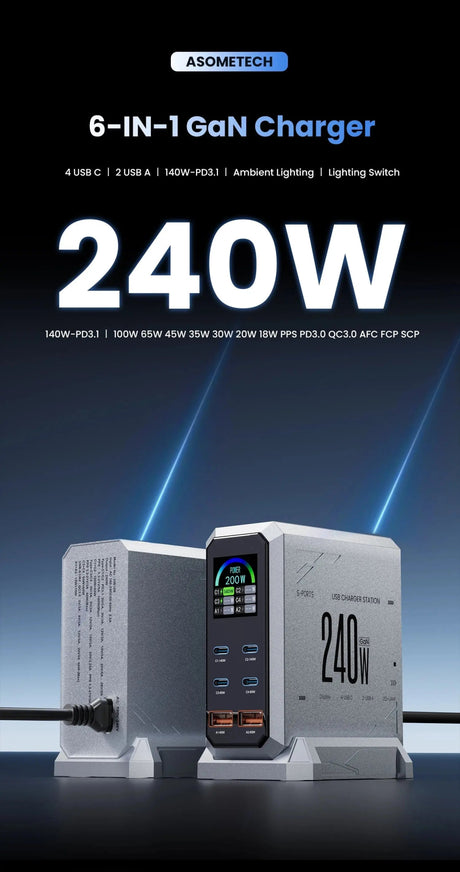 240W GaN Charger PD3.1 140W USB Type C 6 Ports PPS PD Desktop Fast Charging Station for MacBook Laptops Tablet iPhone Samsung - Emart