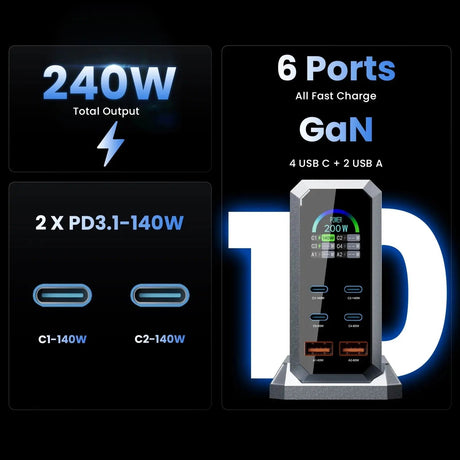 240W GaN Charger PD3.1 140W USB Type C 6 Ports PPS PD Desktop Fast Charging Station for MacBook Laptops Tablet iPhone Samsung - Emart