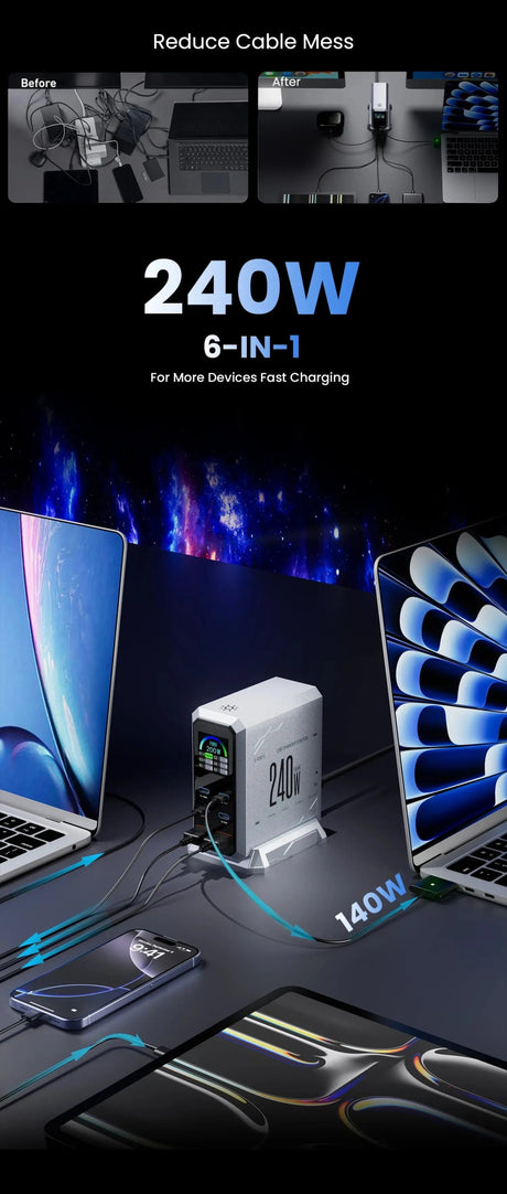 240W GaN Charger PD3.1 140W USB Type C 6 Ports PPS PD Desktop Fast Charging Station for MacBook Laptops Tablet iPhone Samsung - Emart