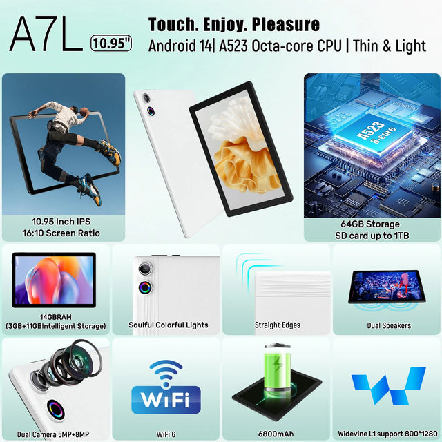 A7L 10.1 Inch Android 14 Tablet 14GB RAM 64GB ROM Octa-Core Processor HD IPS WiFi Protective Case Pen Keyboard Mice Headphone PC