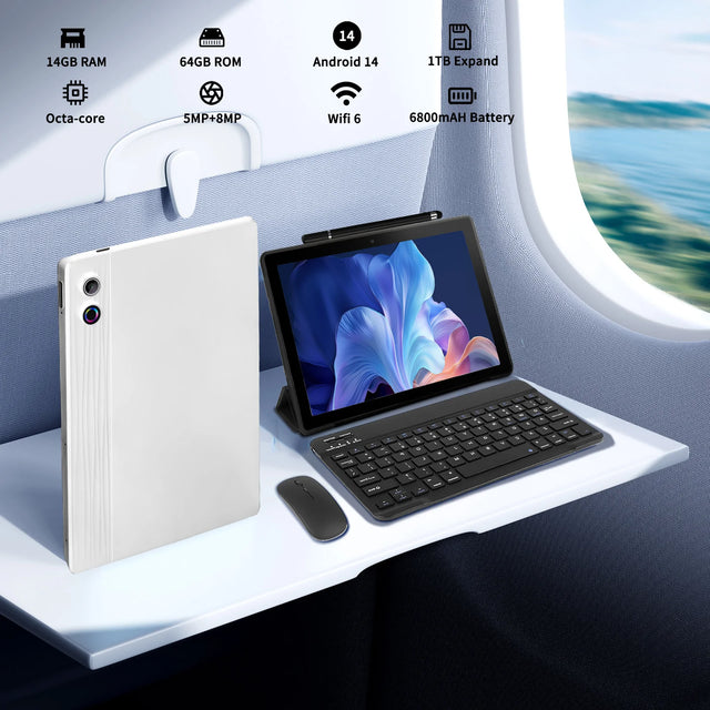 A7L 10.1 Inch Android 14 Tablet 14GB RAM 64GB ROM Octa-Core Processor HD IPS WiFi Protective Case Pen Keyboard Mice Headphone PC
