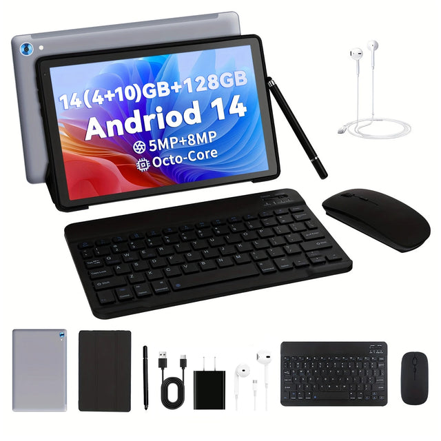 C108 10.1 Inch Tablet Octa-Core Processor 10GB RAM 128GB ROM Android 14 With Case Headphones Wireless Keyboard Mouse Stylus Pen