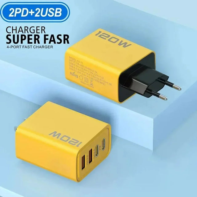 120W 4-Port USB Type C Wall Adapter Quick Charge 3.0 Fast Charger for IPhone Samsung Xiaomi Multi-Device PD Mobile Phone Charger
