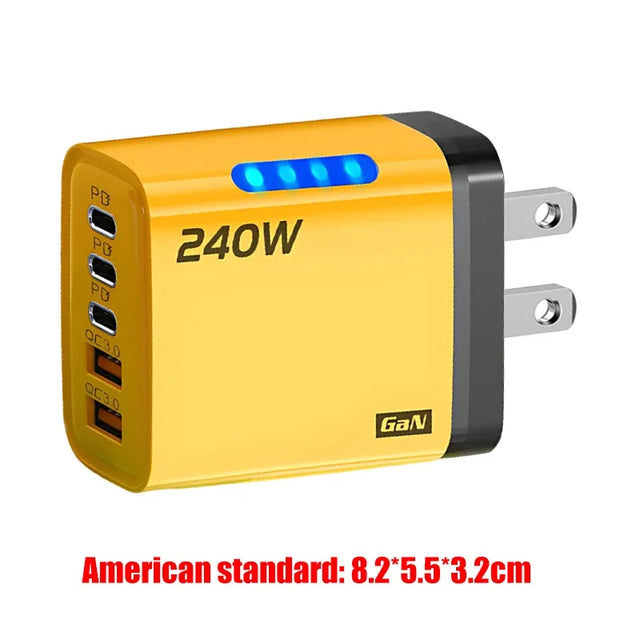 5 in 1 GaN Desktop Charger 240W Fast Charging Adapter 10A USB To TypeC Cable 3PD 2 SB Charger for IPhone 16 15pro Laptop Samsung