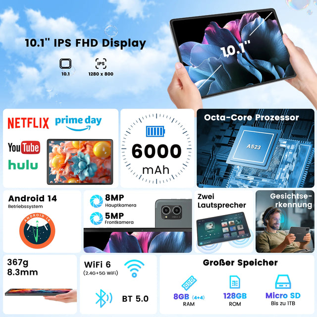 Android 14 Tablet 6000MAH Octa-Core Processor Tablets,8GB RAM 128GB ROM IPS Touch Screen, with 5MP+8MP Camera,Wi-Fi 6