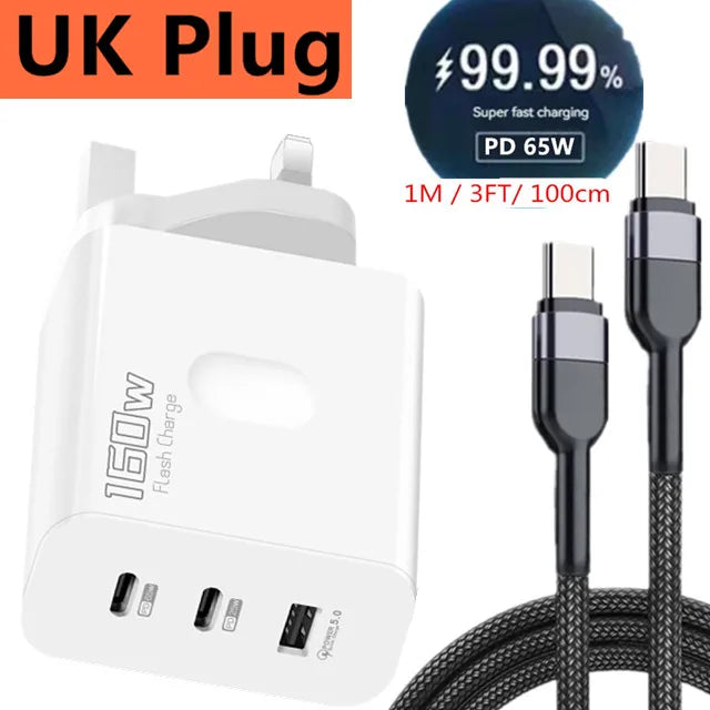 160W USB Charger USB Type C Fast Charging Adapter Quick Charge 3.0 PD Mobile Phone Charger For iPhone Samsung Xiaomi Redmi OPPO