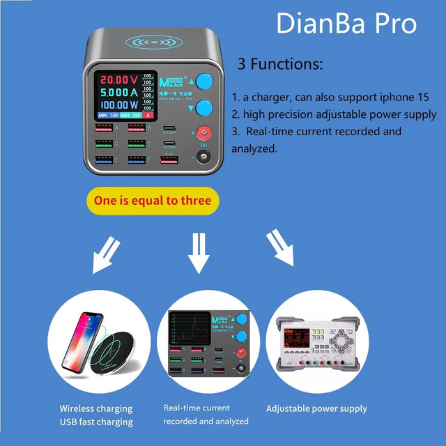 DianBa No 1 Pro 200W PD 8-Port LCD Multi-Function Charger Mobile Phone Power Adjustable Real-time Current Record Analyzed Tool