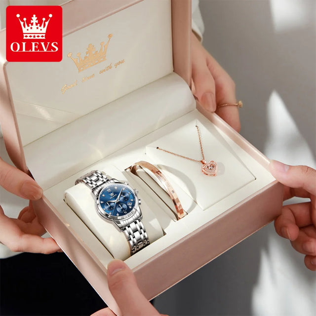 OLEVS Watches Woman 2858 New Multifunctional Quartz Wristwatch Waterproof Watches For Woman Set Bracelet Watch Original Reloj