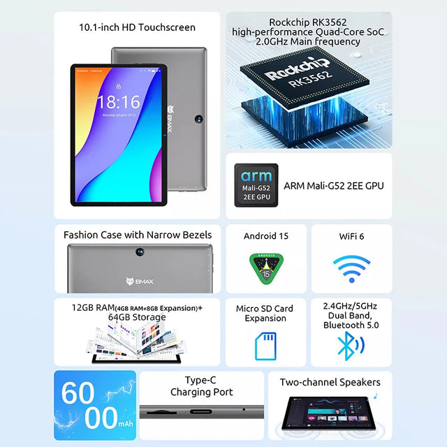 BMAX I9 Plus Kids Tablet | 10.1" HD | Android 15 | 8GB+64GB | Quad-Core RK3562 | WiFi 6 | Shockproof Case | Parental Control | L