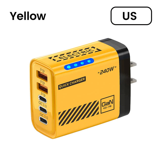 240W QC3.0 PD 5 Ports GaN Fast Charger US/EU Plug Phone Charging Head Adapter with LED Light for iPhone Samsung Huawei Xiaomi