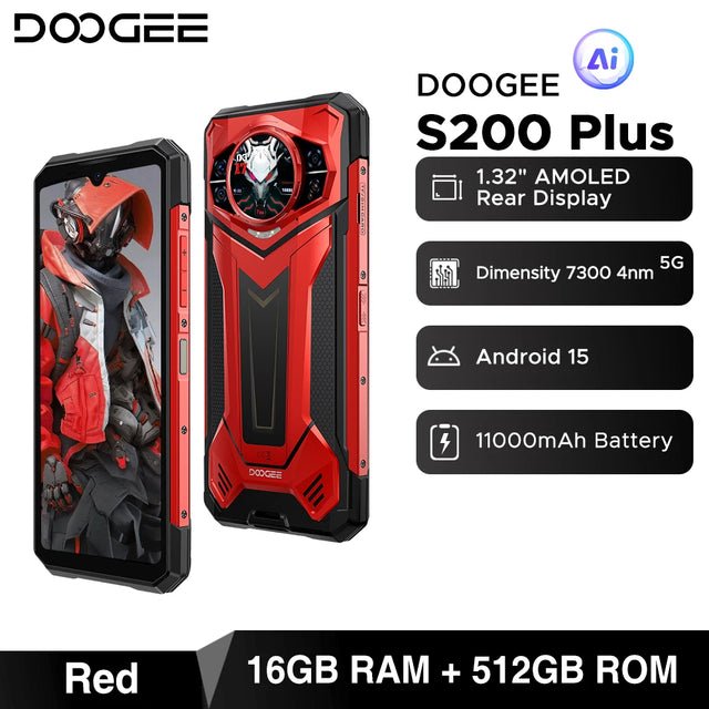 DOOGEE S200 Plus 5G AI Rugged Phone Android 15 Dimensity 7300 1.32" Rear Display 16GB 512GB 6.72'' 11000mAh Battery Smartphone