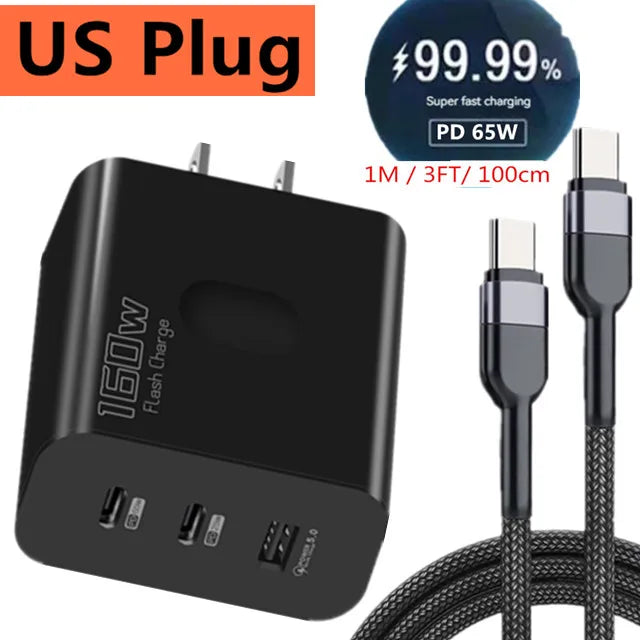160W USB Charger USB Type C Fast Charging Adapter Quick Charge 3.0 PD Mobile Phone Charger For iPhone Samsung Xiaomi Redmi OPPO