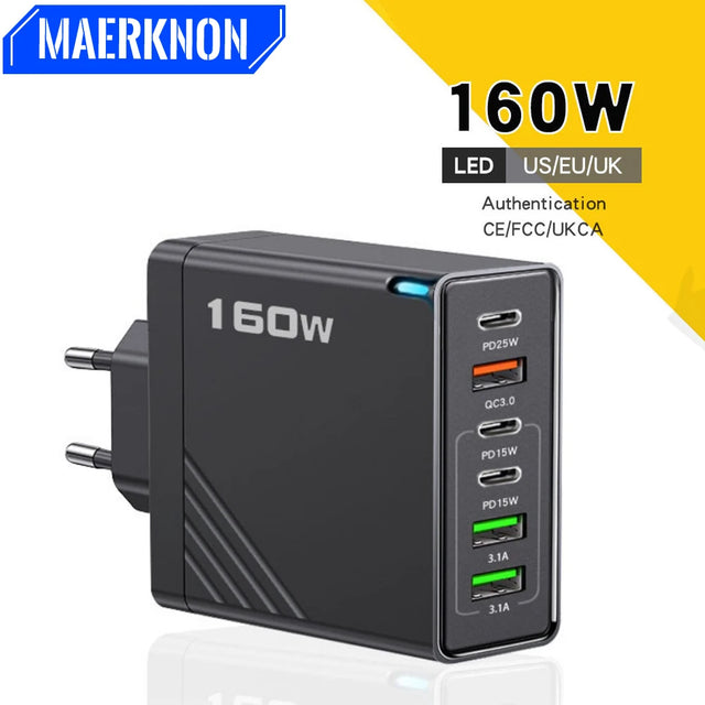 Multi Ports USB Charger 160W Type C Charger Fast Charging Phone Adapter For iPhone Samsung Xiaomi Huawei EU/US Plug Wall Charger