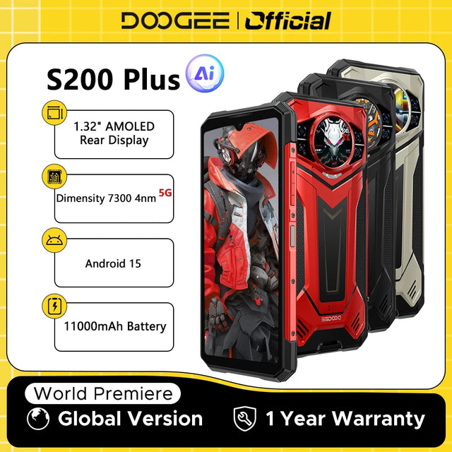 DOOGEE S200 Plus 5G AI Rugged Phone Android 15 Dimensity 7300 1.32" Rear Display 16GB 512GB 6.72'' 11000mAh Battery Smartphone