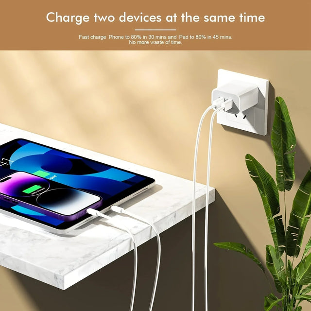 2 Pack 40W Dual Ports USB C Wall Charger Fast Charging For IPhone 15 Pro Max 15 Plus, IPad Pro Air Mini With 2X 10FT USB-C Cable