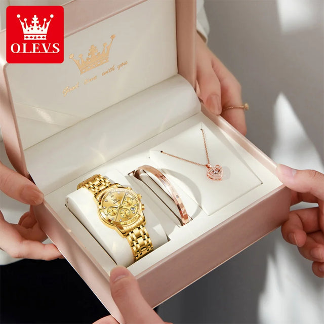 OLEVS Watches Woman 2858 New Multifunctional Quartz Wristwatch Waterproof Watches For Woman Set Bracelet Watch Original Reloj