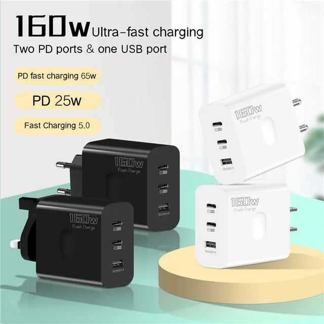 160W USB Charger USB Type C Fast Charging Adapter Quick Charge 3.0 PD Mobile Phone Charger For iPhone Samsung Xiaomi Redmi OPPO