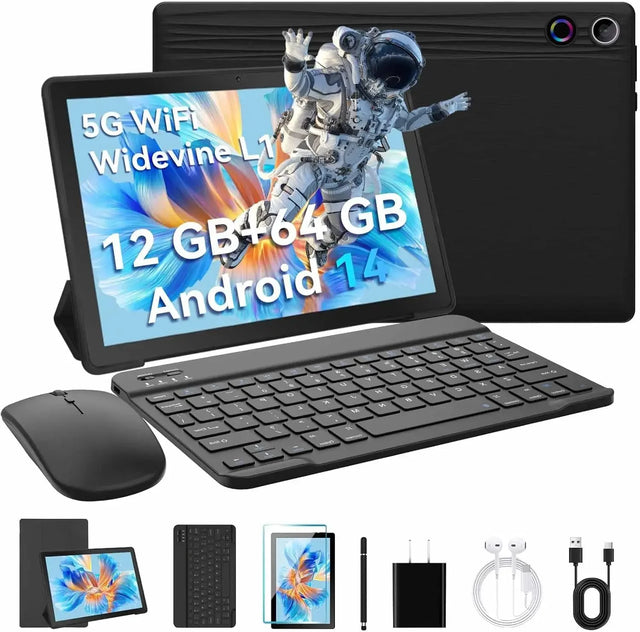 10.1 Inch Tablet Android 14 12GB RAM 64GB ROM Octa Core 5G WiFi Dual Camera with Keyboard Mouse Case Tablets Computer Set
