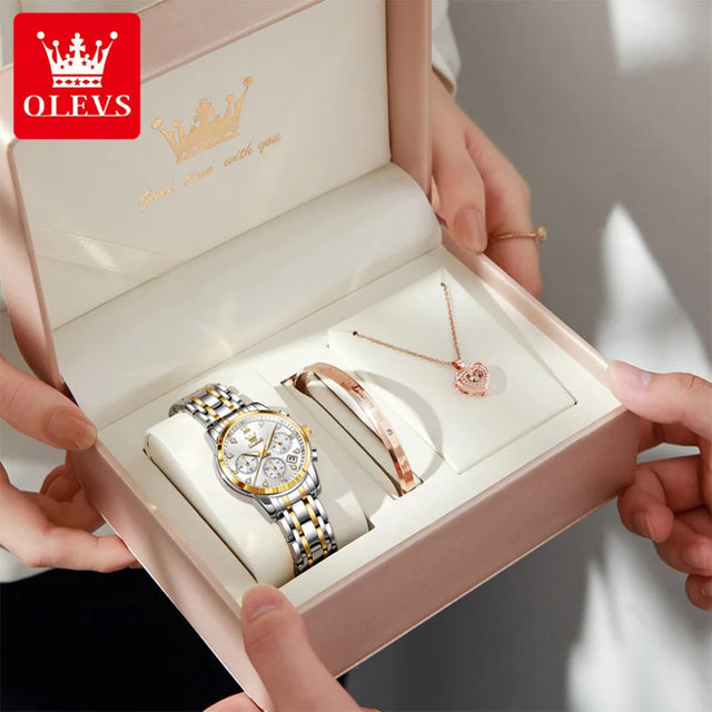 OLEVS Watches Woman 2858 New Multifunctional Quartz Wristwatch Waterproof Watches For Woman Set Bracelet Watch Original Reloj