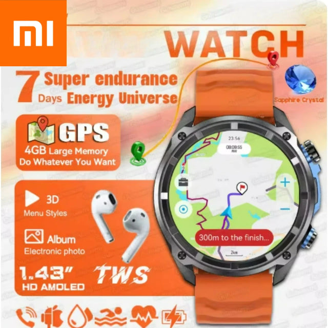 Xiaomi 2025 Smart Watch with Offline Maps 4GB Memory Video Player Military Sports Smartwatch Men 30m Swimming Waterproof AMOLED