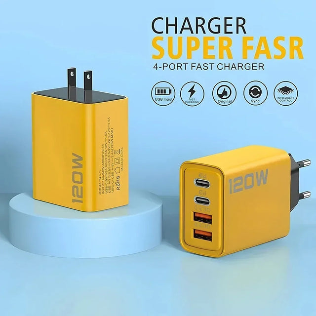 120W 4-Port USB Type C Wall Adapter Quick Charge 3.0 Fast Charger for IPhone Samsung Xiaomi Multi-Device PD Mobile Phone Charger