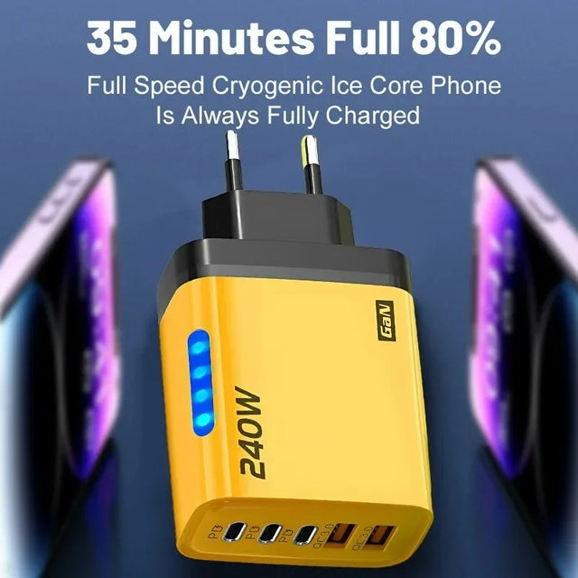 5 in 1 GaN Desktop Charger 240W Fast Charging Adapter 10A USB To TypeC Cable 3PD 2 SB Charger for IPhone 16 15pro Laptop Samsung