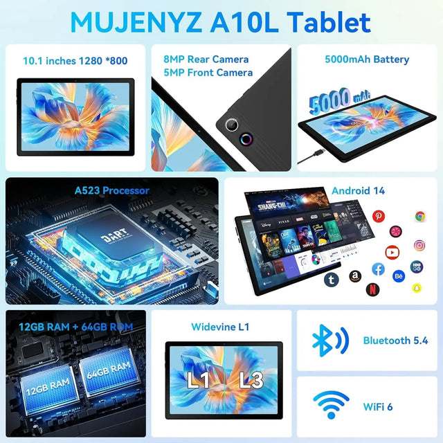 10.1 Inch Tablet Android 14 12GB RAM 64GB ROM Octa Core 5G WiFi Dual Camera with Keyboard Mouse Case Tablets Computer Set