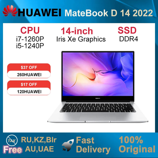 2022 HUAWEI MateBook D 14 Laptop 14 Inch Screen Notebook i5-1240P/i7-1260P 16GB 512GB Netbook With Iris Xe Graphics Card