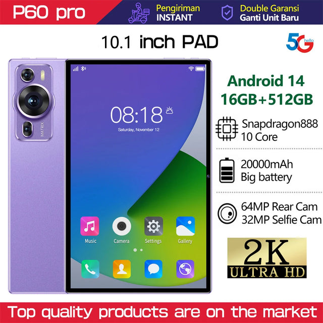 2025 New P60 Pro 10.1'' HD Screen Original 4G 5G Dual Sim Tablet Android 14 kids Tablet 20000mAh Global Version Tab Tablets PC