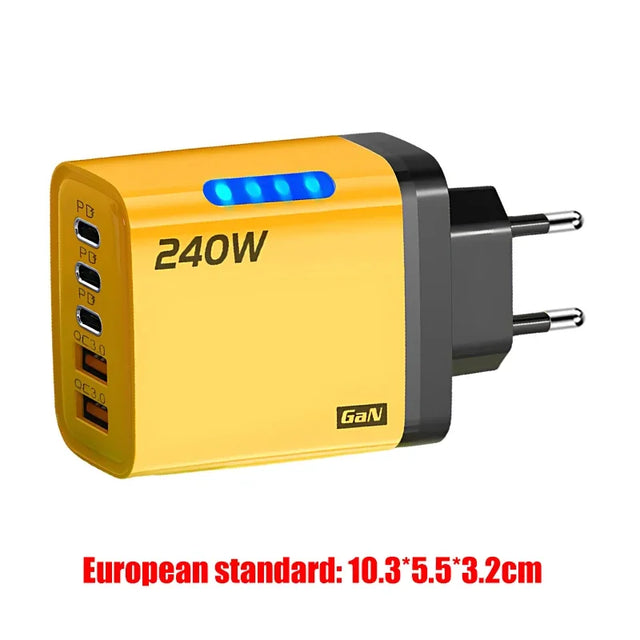 5 in 1 GaN Desktop Charger 240W Fast Charging Adapter 10A USB To TypeC Cable 3PD 2 SB Charger for IPhone 16 15pro Laptop Samsung