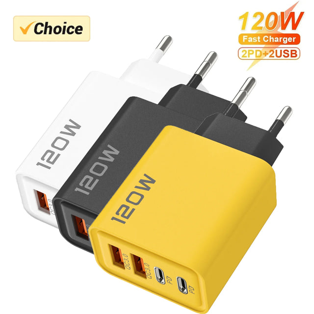 120W 4-Port USB Type C Wall Adapter Quick Charge 3.0 Fast Charger for IPhone Samsung Xiaomi Multi-Device PD Mobile Phone Charger