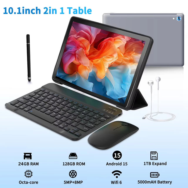 URAO C209L 10" Android 15 Tablet 24GB RAM 128GB+1TB Expand Octa Core A523 WiFi 6 8MP+5MP Cam Keyboard & Mouse Set Included
