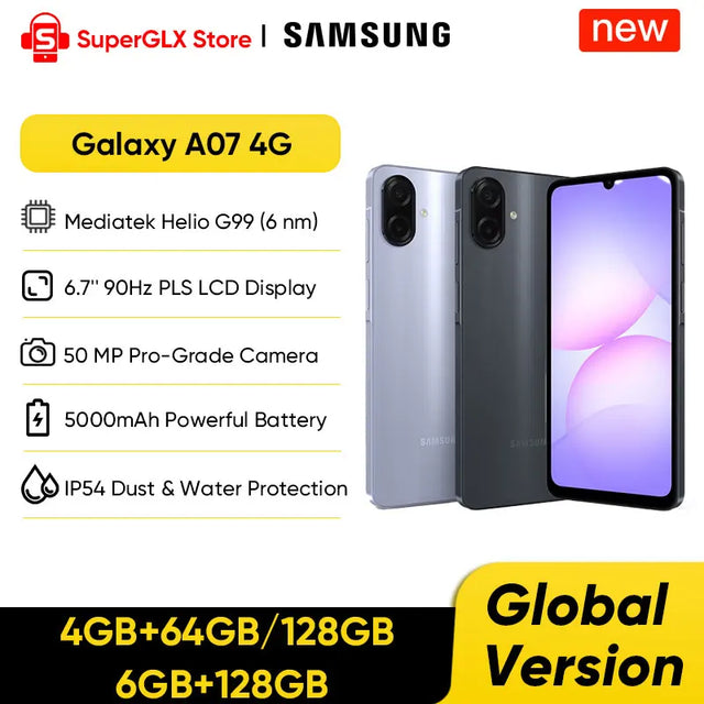 2025 New Samsung Galaxy A07 4G Dual SIM Smartphone Mediatek Helio G99 6.7" 90Hz PLS LCD Display 50MP Camera 5000mAh Battery IP54