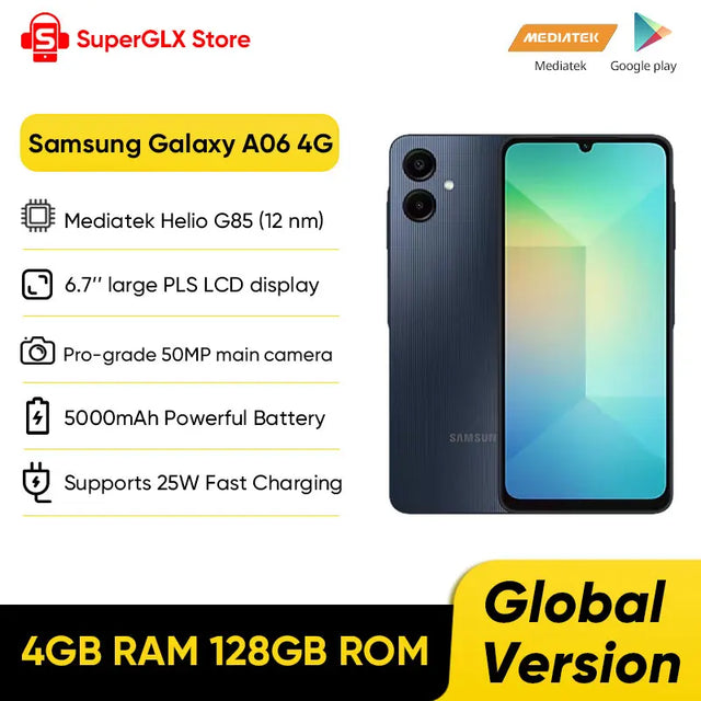 Global Version Samsung Galaxy A06 4G Smartphone Mediatek Helio G85 6.7" large PLS LCD Display 50MP Dual Camera 5000mAh Battery