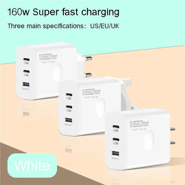 160W USB Charger USB Type C Fast Charging Adapter Quick Charge 3.0 PD Mobile Phone Charger For iPhone Samsung Xiaomi Redmi OPPO