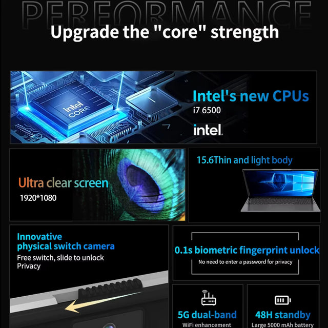 15.6" Ultra Slim Intel Core i7 6500U Laptop Computer Windows 11 16GB