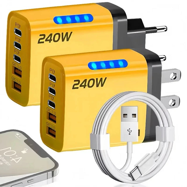 5 in 1 GaN Desktop Charger For IPhone 16 15pro Laptop Samsung 240W Fast Charging Adapter 10A USB To TypeC Cable 3PD 2 SB Charger