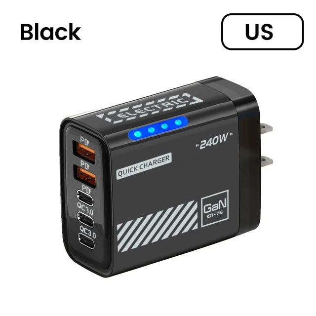 240W QC3.0 PD 5 Ports GaN Fast Charger US/EU Plug Phone Charging Head Adapter with LED Light for iPhone Samsung Huawei Xiaomi