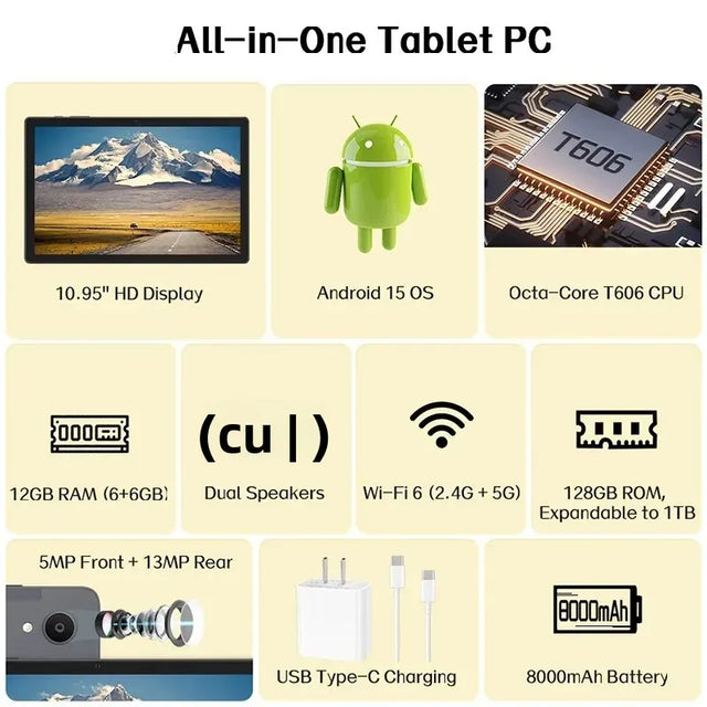 Android 15 Tablet,10.95Inch Tablets with Octa Core Processor, 12GB RAM+128GB ROM 1TB