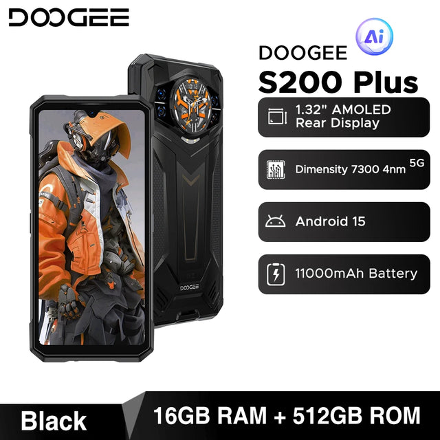 DOOGEE S200 Plus 5G AI Rugged Phone Android 15 Dimensity 7300 1.32" Rear Display 16GB 512GB 6.72'' 11000mAh Battery Smartphone