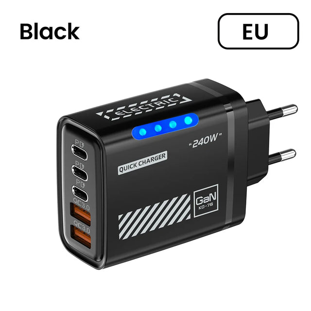 240W QC3.0 PD 5 Ports GaN Fast Charger US/EU Plug Phone Charging Head Adapter with LED Light for iPhone Samsung Huawei Xiaomi
